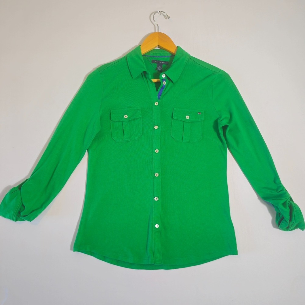 Tommy Hilfiger Women' Small Green Button Down Shirt Roll Tab Sleeve Preppy Class